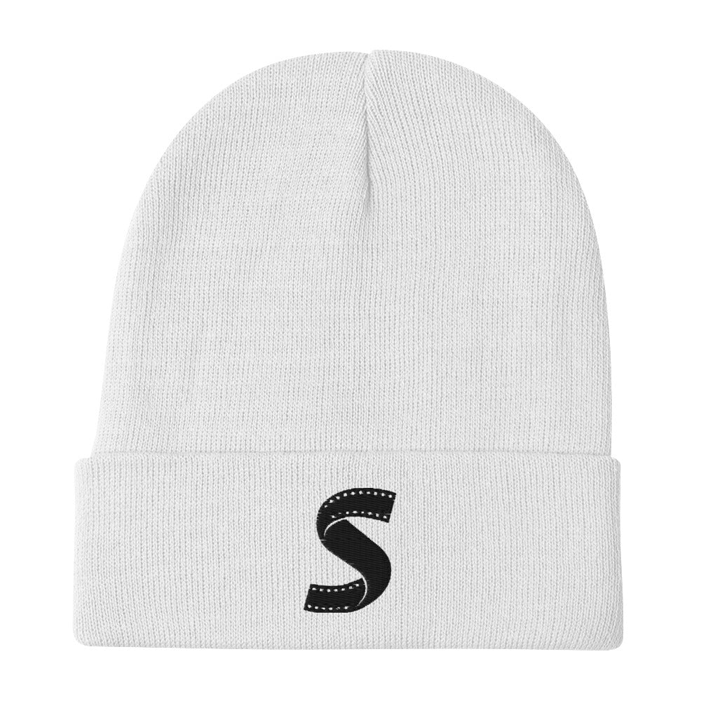 Embroidered Beanie Black on White